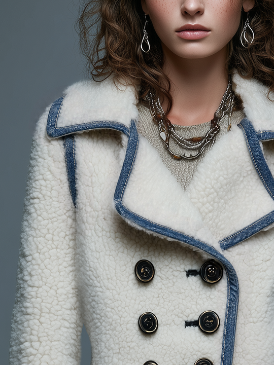 Classic Ivory Denim Trim Double Breasted Sherpa Jacket