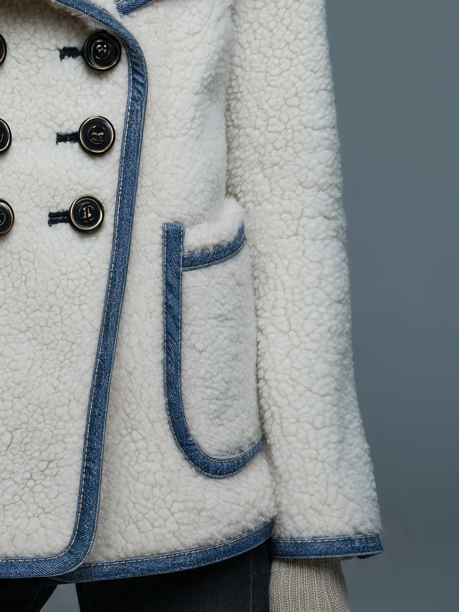 Classic Ivory Denim Trim Double Breasted Sherpa Jacket