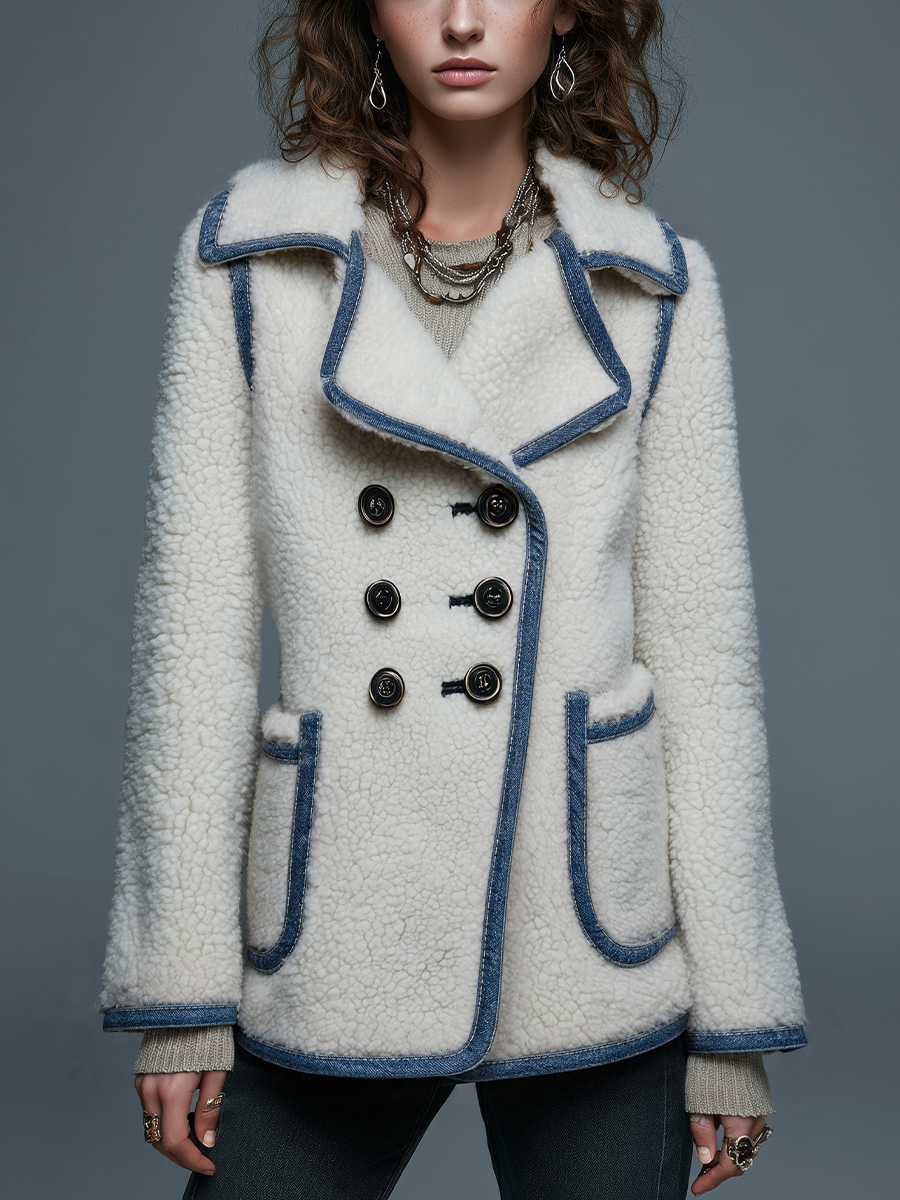Classic Ivory Denim Trim Double Breasted Sherpa Jacket