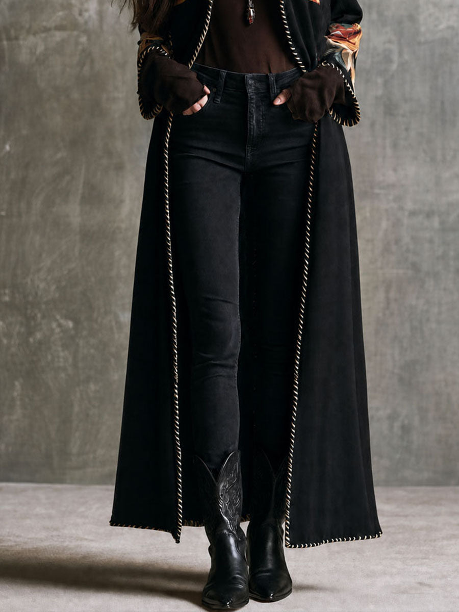 Vintage Boho Black Microsuede Floral Lapel Long Duster Jacket