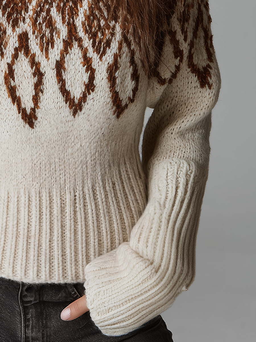 Vintage Ivory Fair Isle Button Neck Knit Sweater