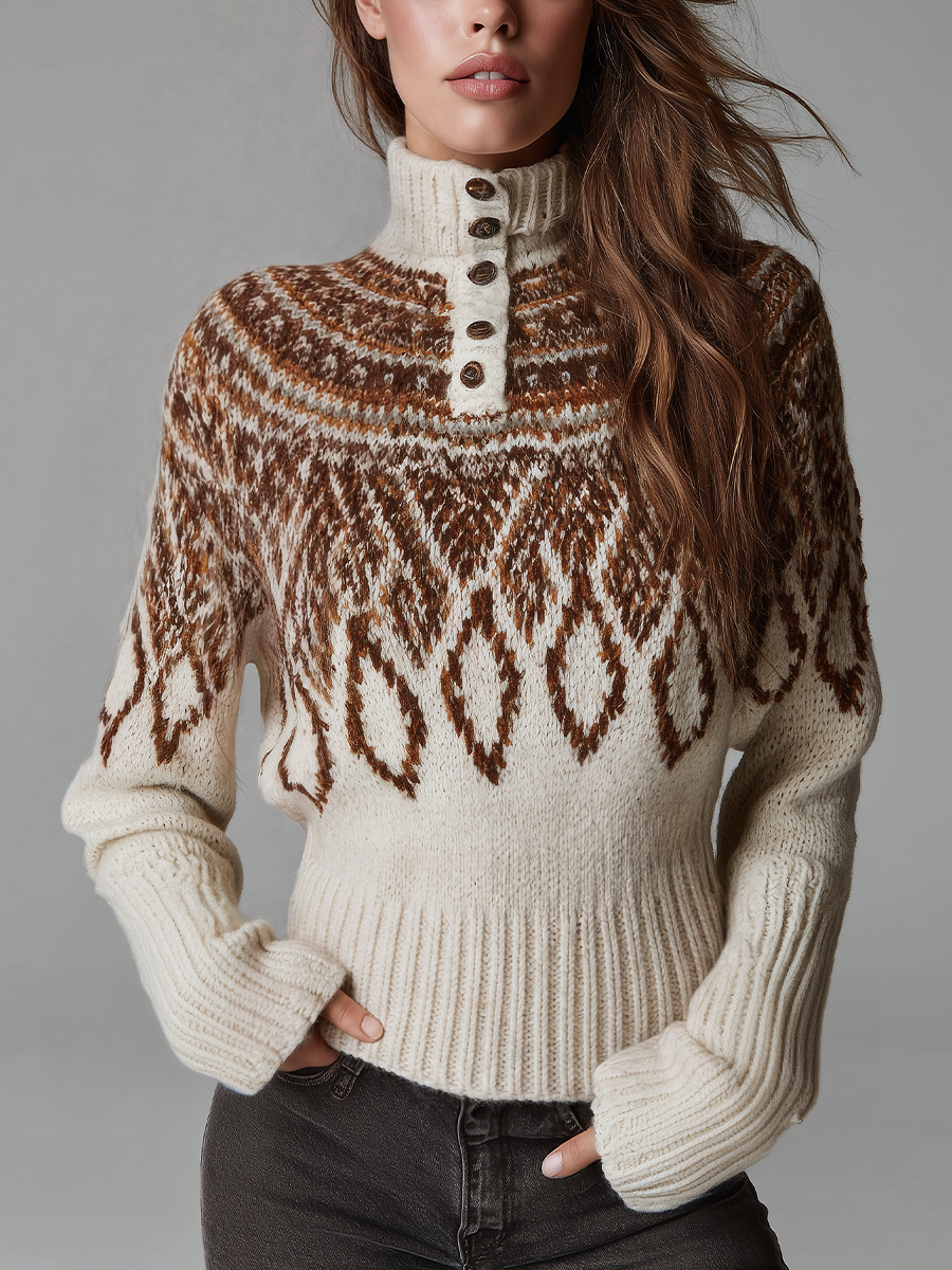 Vintage Ivory Fair Isle Button Neck Knit Sweater