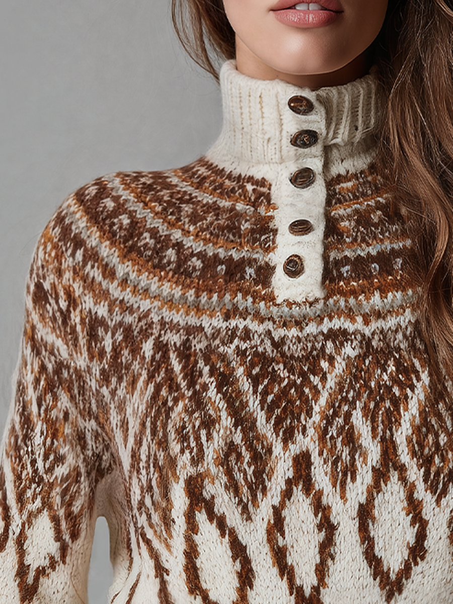 Vintage Ivory Fair Isle Button Neck Knit Sweater