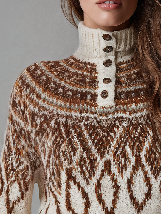 Vintage Ivory Fair Isle Button Neck Knit Sweater