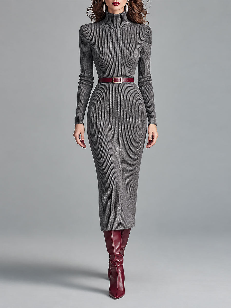 Elegant High Neck Ribbed-knit Slim-fit Midi Dress With Belt