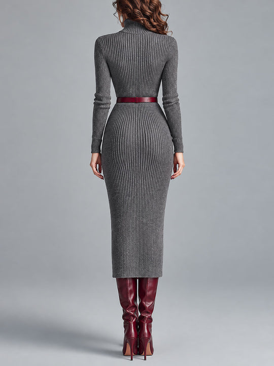 Elegant High Neck Ribbed-knit Slim-fit Midi Dress With Belt
