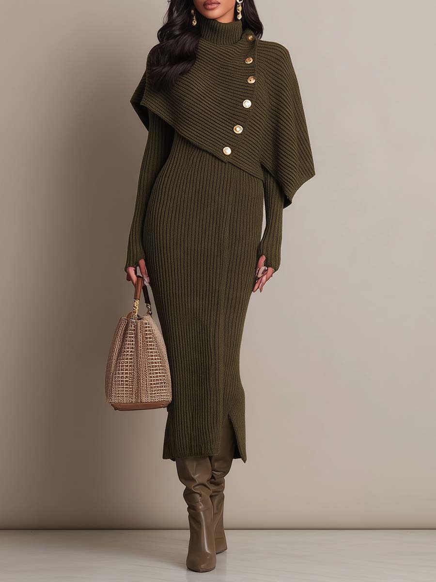 Asymmetric Button Turtleneck Cape Sleeve Ribbed Knit Sweater Midi Dress