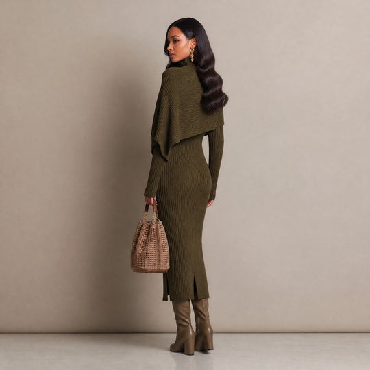 Asymmetric Button Turtleneck Cape Sleeve Ribbed Knit Sweater Midi Dress