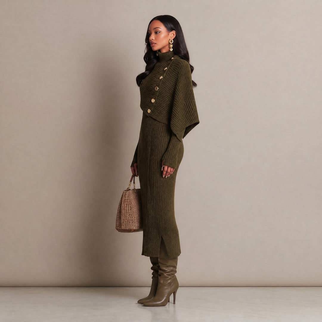 Asymmetric Button Turtleneck Cape Sleeve Ribbed Knit Sweater Midi Dress