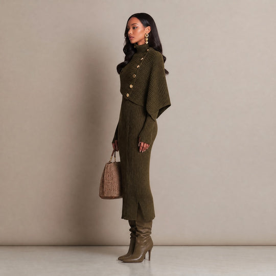 Asymmetric Button Turtleneck Cape Sleeve Ribbed Knit Sweater Midi Dress