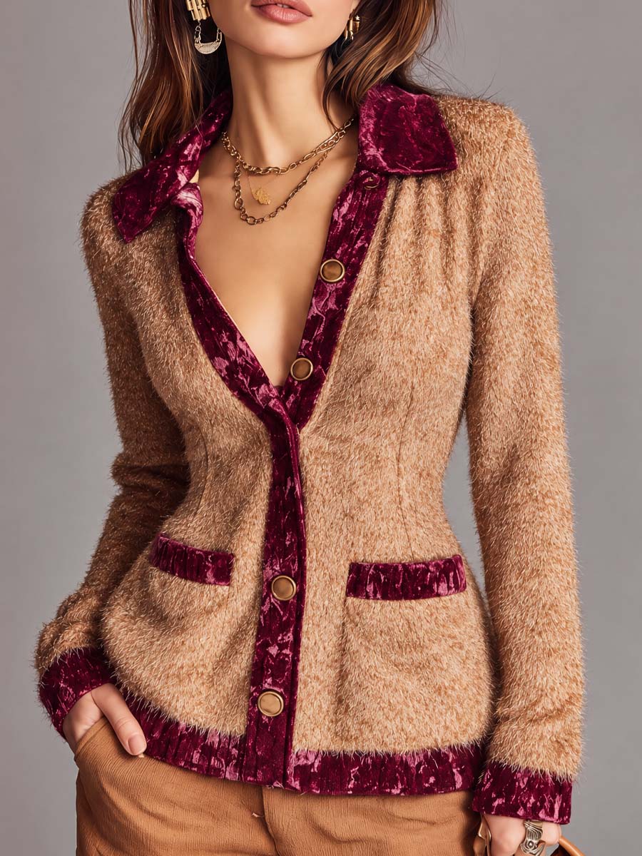 Vintage Fuzzy Knit Cardigan with Velvet Trim Contrast Collar