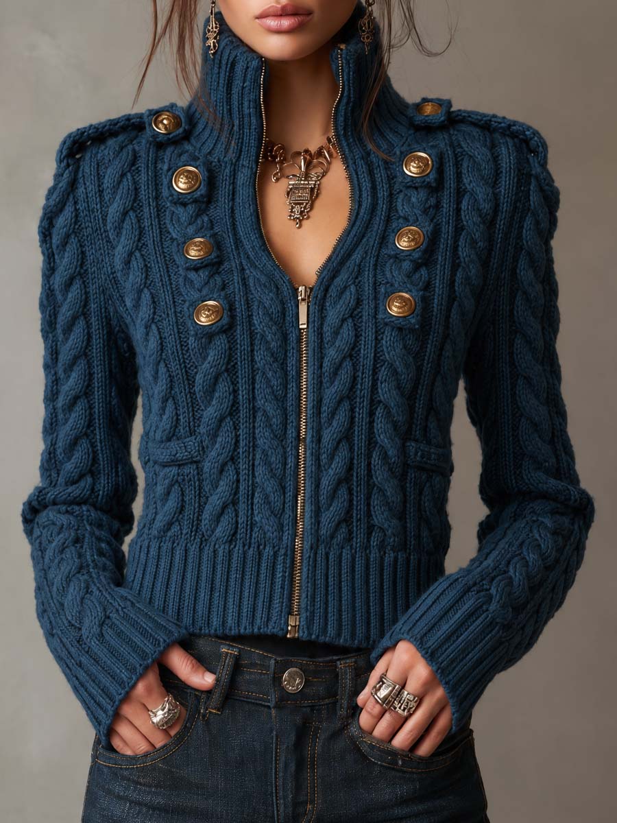 Vintage Military Style Cable Knit Zip-Up Cardigan with Button Detail