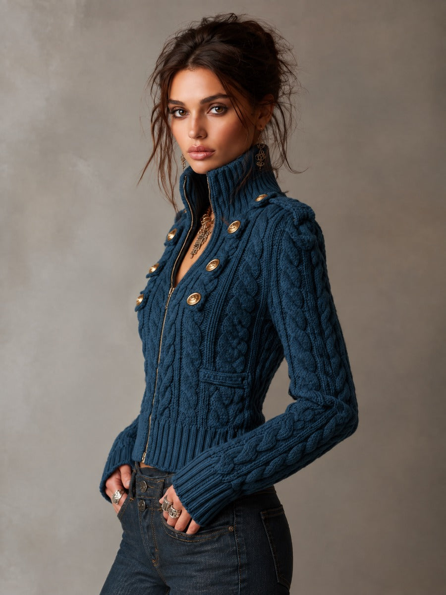 Vintage Military Style Cable Knit Zip-Up Cardigan with Button Detail