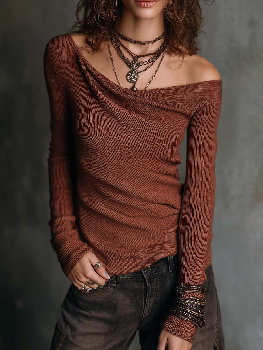Vintage Ribbed Knit Off-the-shoulder Sweater