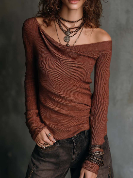 Vintage Ribbed Knit Off-the-shoulder Sweater