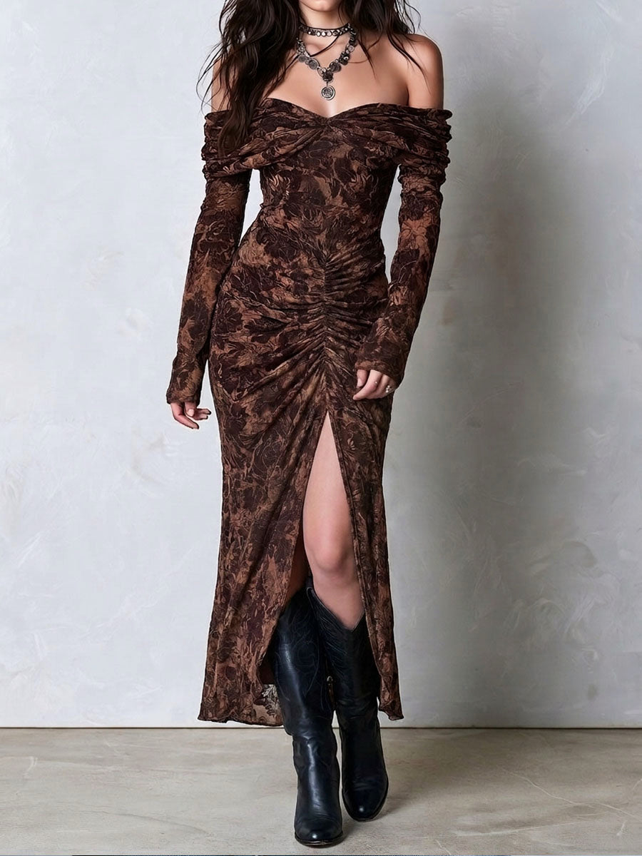 Western Boho Dark Floral Off Shoulder Dress With Ruched Side Slit