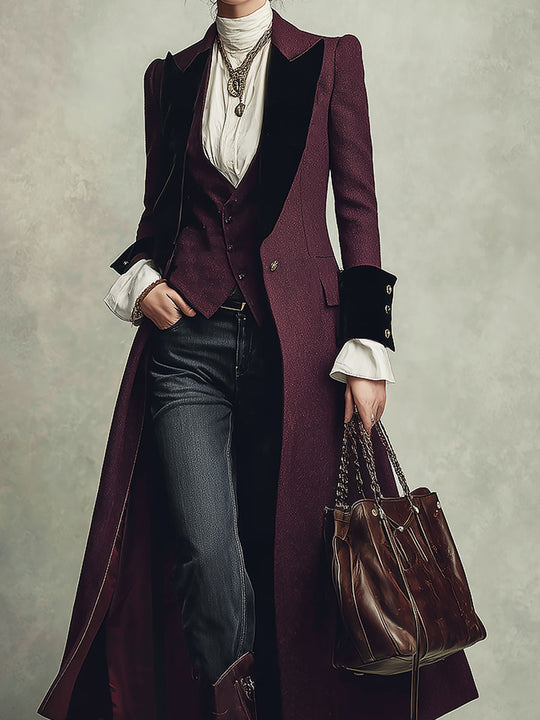 Vintage-style Slim-fit Midi Wool Coat With Velvet-paneled Lapels