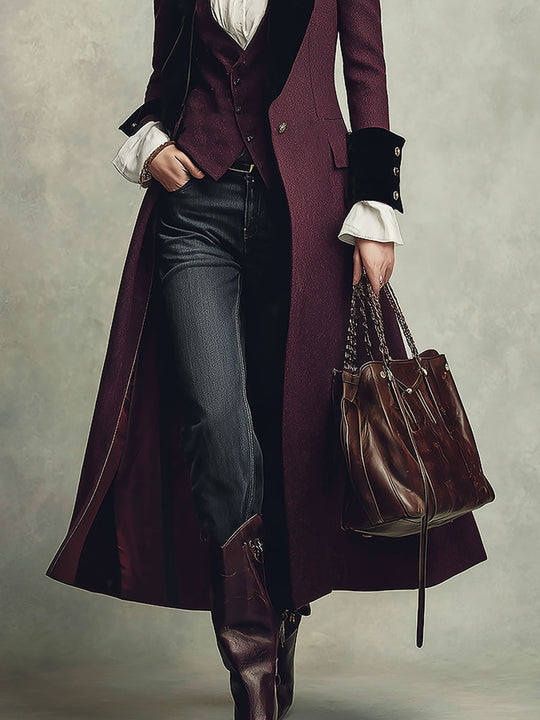 Vintage-style Slim-fit Midi Wool Coat With Velvet-paneled Lapels