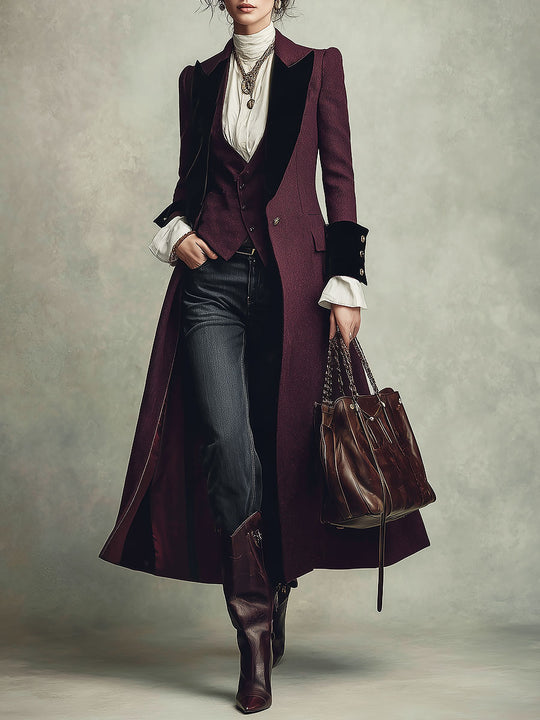 Vintage-style Slim-fit Midi Wool Coat With Velvet-paneled Lapels