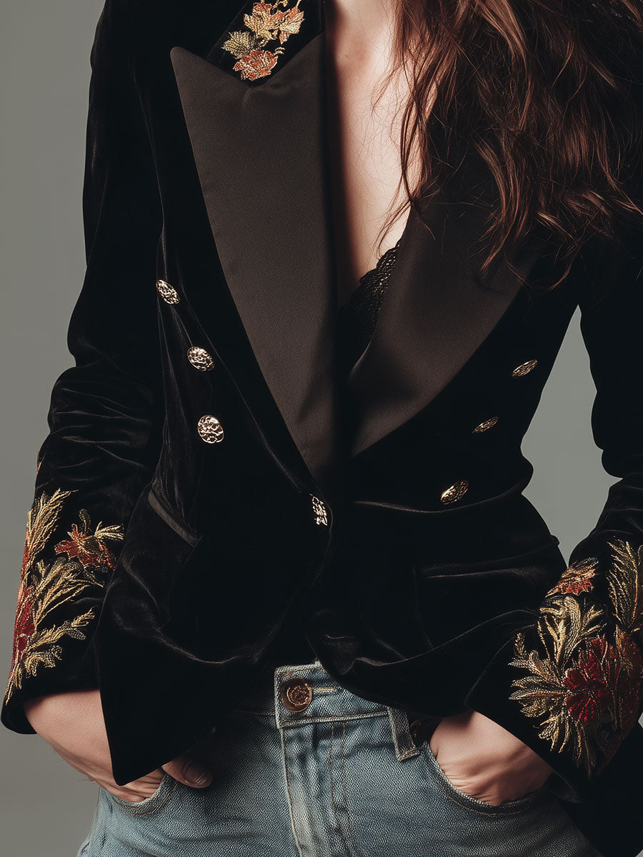 Quiet Luxury Floral Embroidery Satin Lapels Slim-fit Velvet Blazer