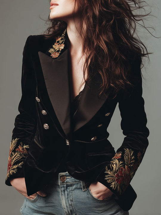 Quiet Luxury Floral Embroidery Satin Lapels Slim-fit Velvet Blazer