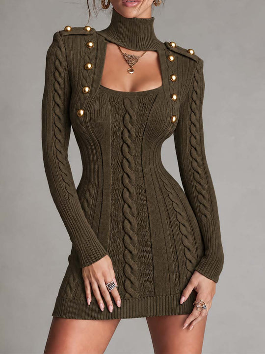 Military Style Cable Knit Cutout Bodycon Sweater Dress with Gold Buttons