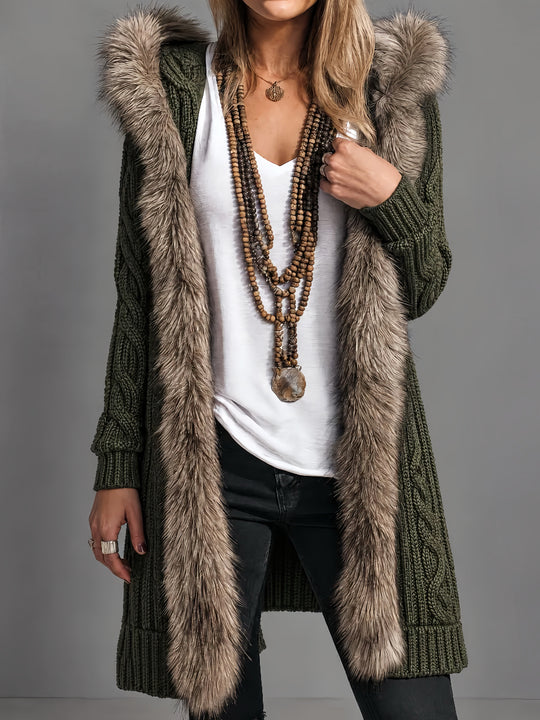 Army Green Cable Knit Long Hooded Cardigan With Ombre Faux Fur Trim