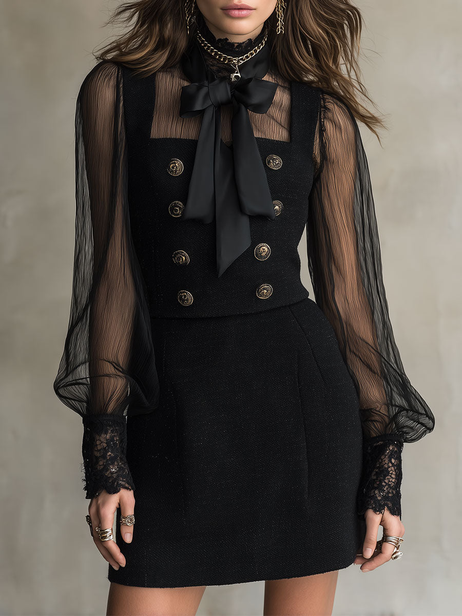 Retro Square Neck Double-Breasted Button Top & Wool-blend Mini Skirt Set