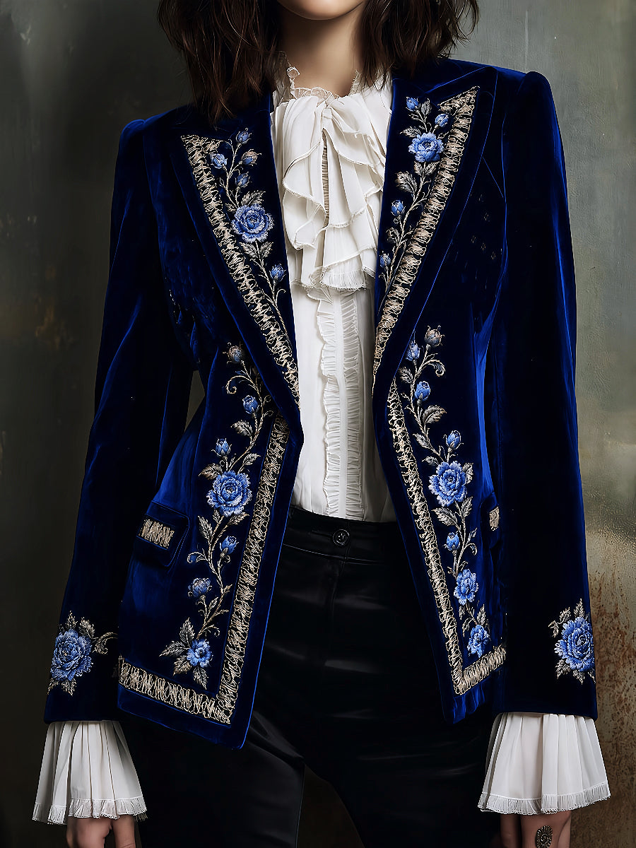 Vintage Boho Blue Rose & Silver Thread Embroidered Velvet Suit Jacket
