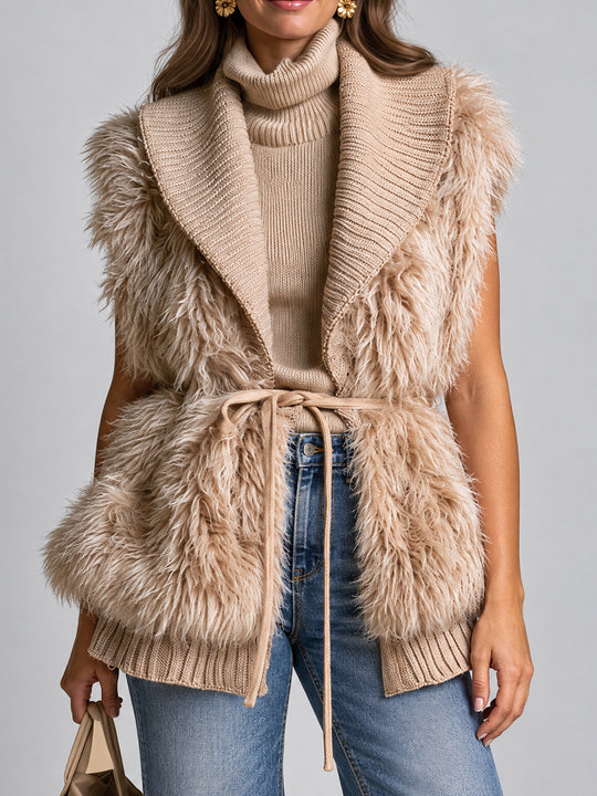 Desert Moon Faux-Fur Trim Waist-Tie Knit Vest