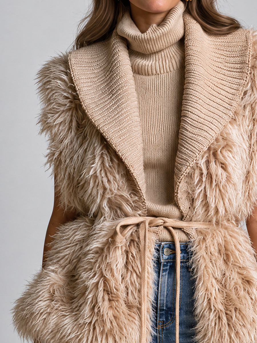 Desert Moon Faux-Fur Trim Waist-Tie Knit Vest