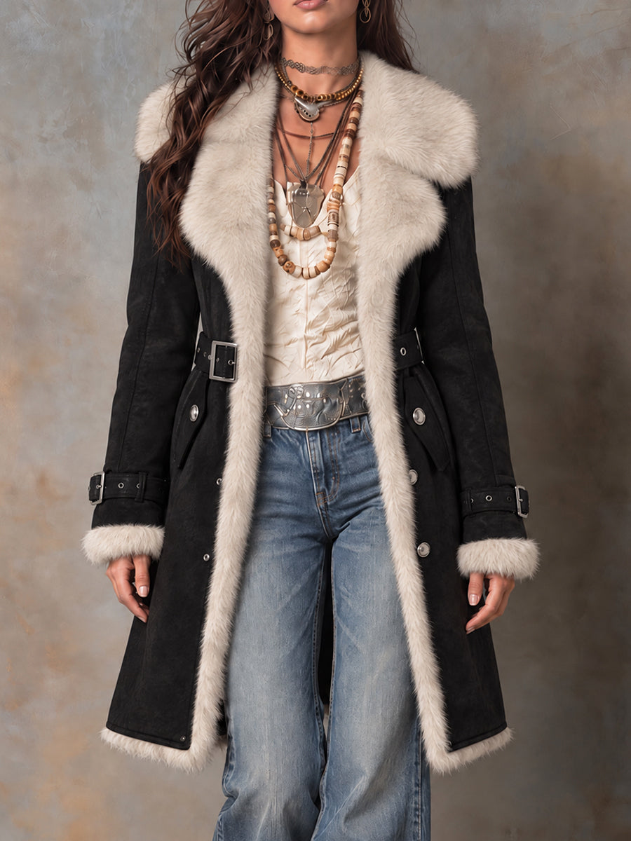 Midnight Nomad Faux-Suede Fur-Trim Coat