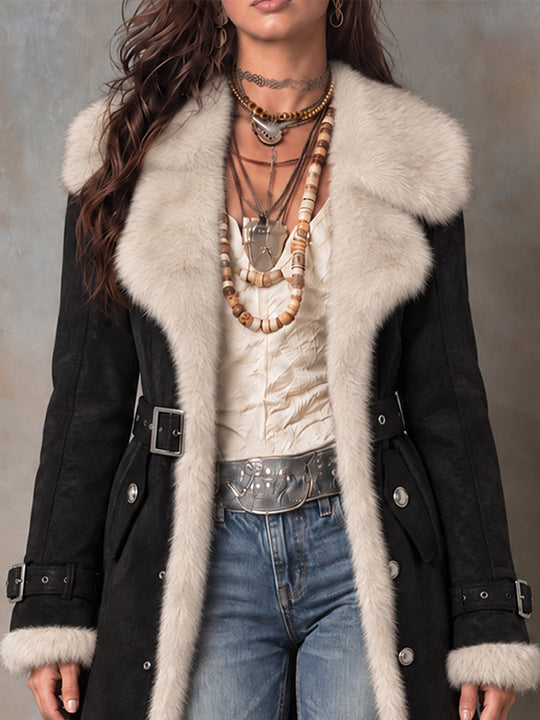 Midnight Nomad Faux-Suede Fur-Trim Coat
