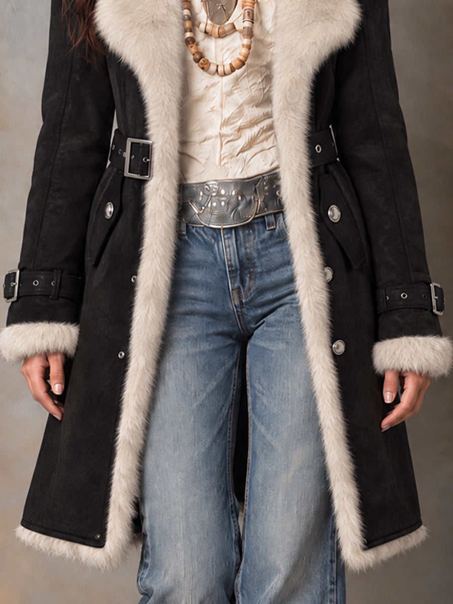 Midnight Nomad Faux-Suede Fur-Trim Coat