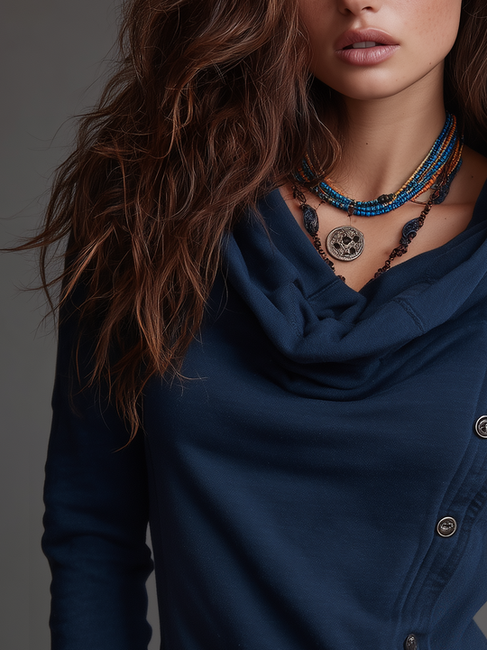 Vintage Navy Blue Cowl Neck Button Sweatshirt