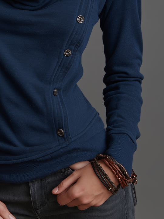Vintage Navy Blue Cowl Neck Button Sweatshirt