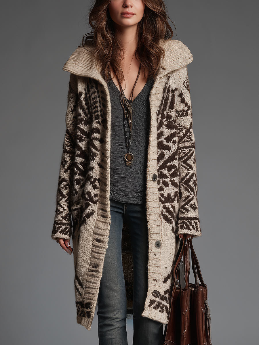 Vintage Cream Brown Longline Knit Cardigan
