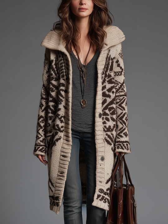 Vintage Cream Brown Longline Knit Cardigan