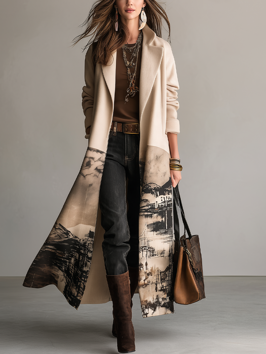 Artistic Cream Landscape Print Longline Coat