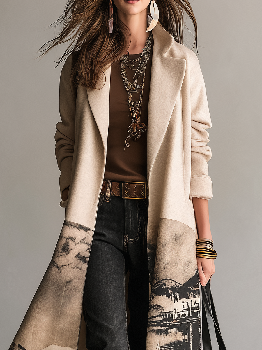 Artistic Cream Landscape Print Longline Coat