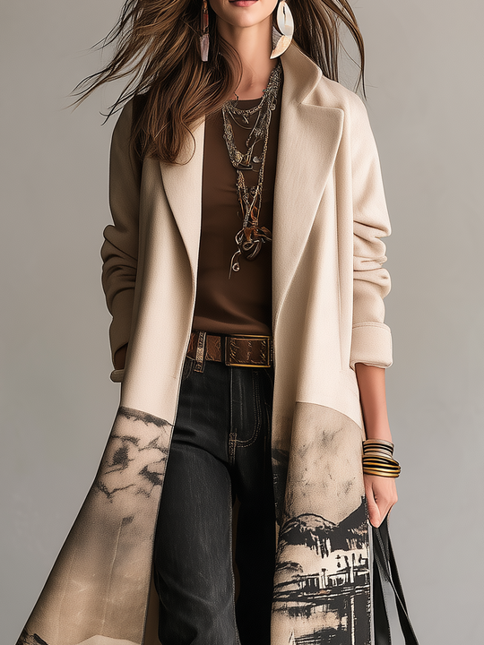 Artistic Cream Landscape Print Longline Coat