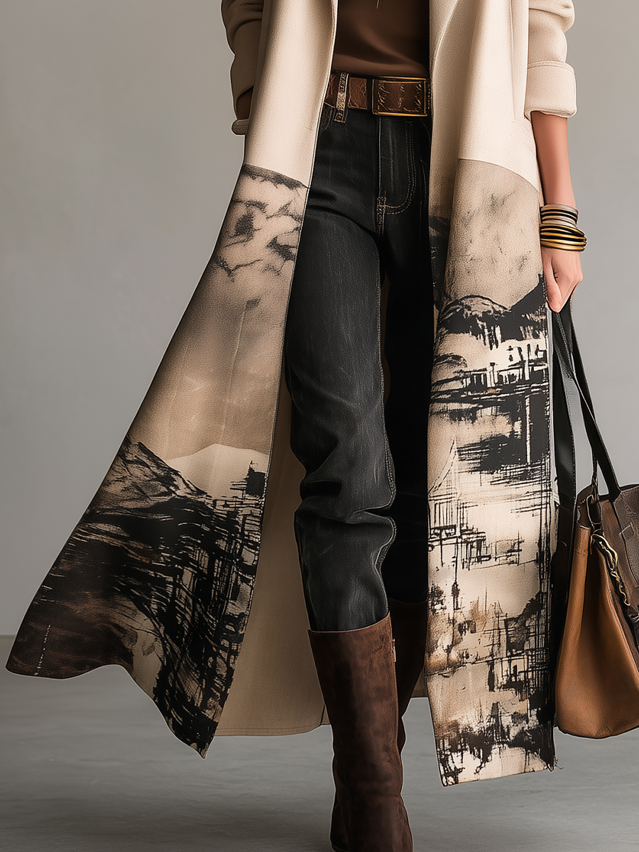 Artistic Cream Landscape Print Longline Coat