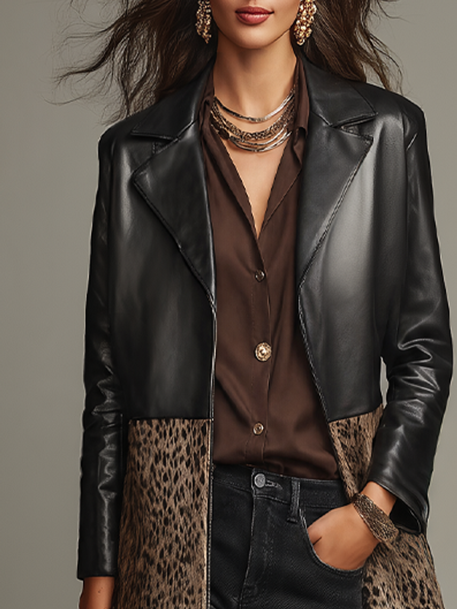 Edgy Black Leopard Panel Longline Coat