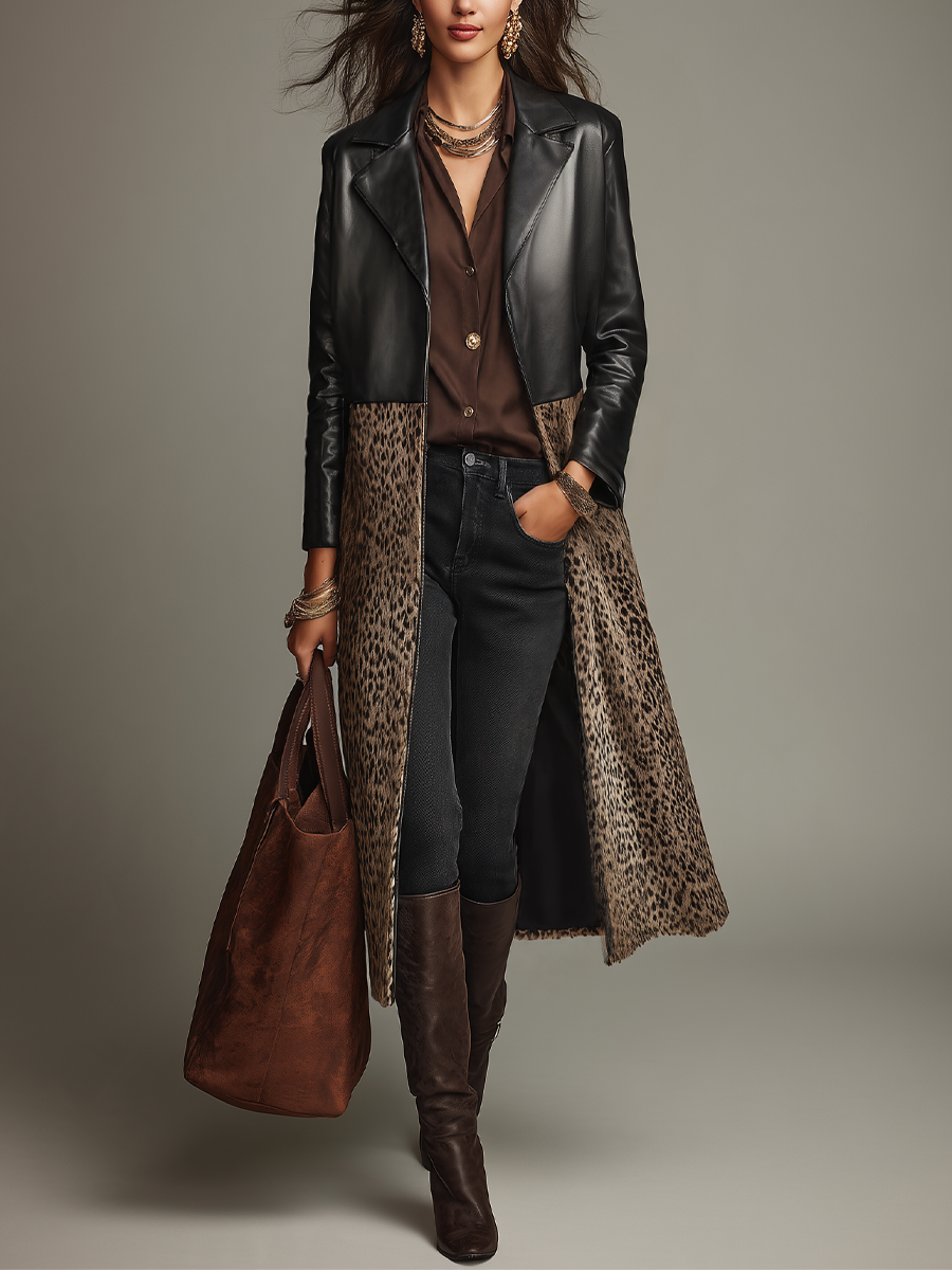 Edgy Black Leopard Panel Longline Coat