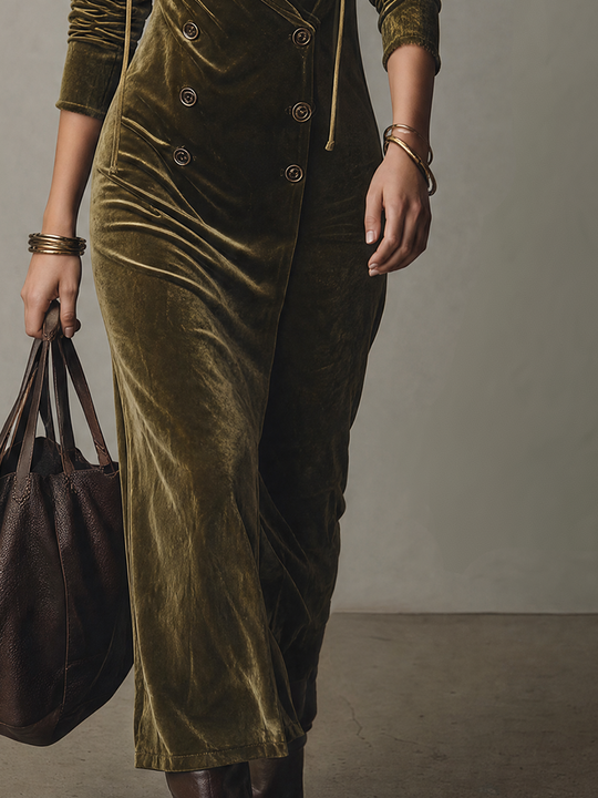 Elegant Olive Green Double-Breasted Maxi Dress