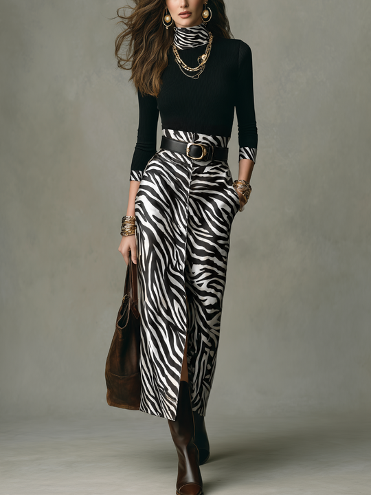 Bold Black & White Zebra Print High-Waisted Midi Skirt Set
