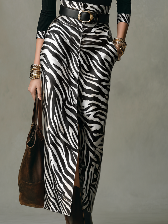 Bold Black & White Zebra Print High-Waisted Midi Skirt Set
