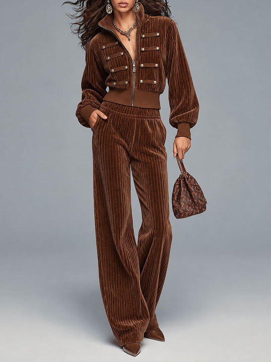 Boho Corduroy Military Style Zip Jacket & Wide Leg Pants Two-Piece Set