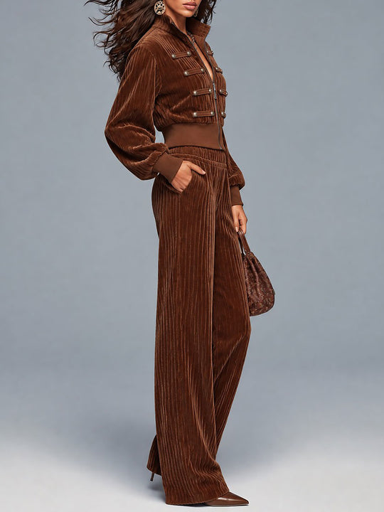 Boho Corduroy Military Style Zip Jacket & Wide Leg Pants Two-Piece Set