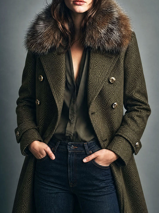 Vintage Faux Fur Collar Herringbone Wool Blend Long Coat